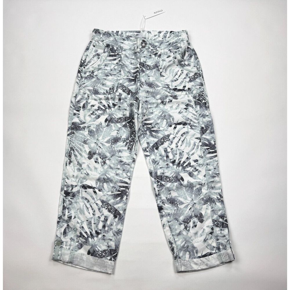 Chicos Linen Blend Palms Rolled Hem Crops Pant Women 10 NWT Pocket Elastic waist